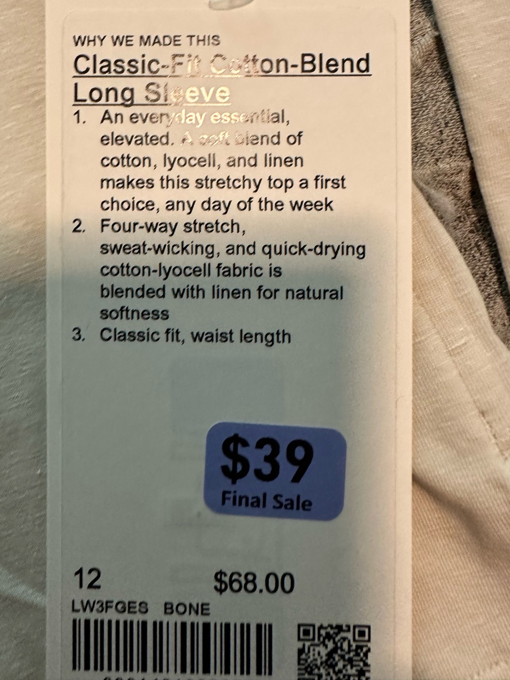lululemon🍋Classic Fir Cotton Blend Long-Sleeve Crew - Bone Size 12 NWT - Picture 7 of 9